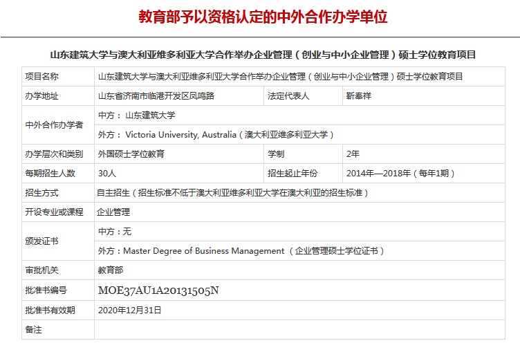 山东建筑大学与澳大利亚维多利亚大学企业管理硕士学位(MBM)教育项目涉外监管网批准图片
